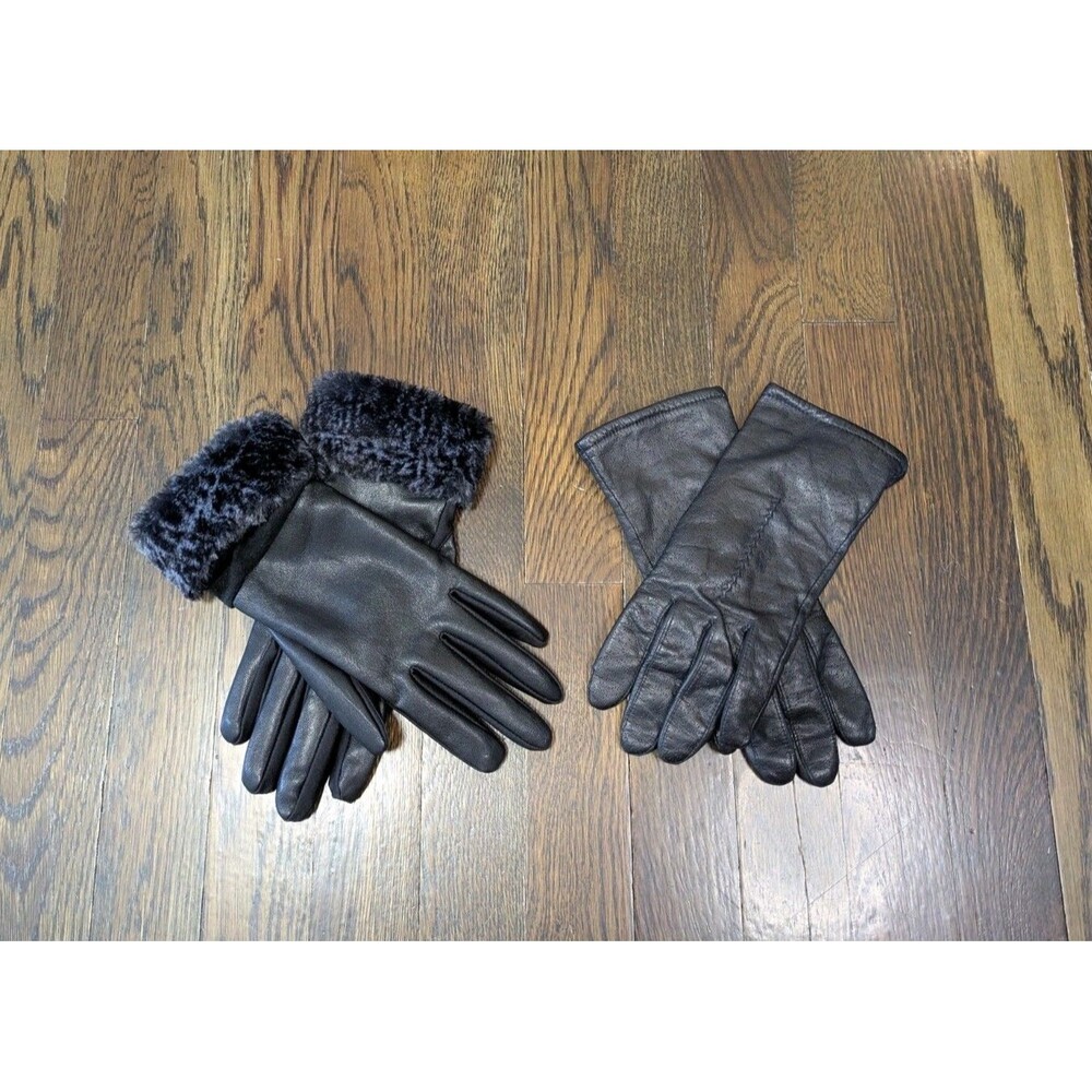 Women's Gloves Lot Of 2 Leather & Faux Leather Size Large Black EUC Warm Fur